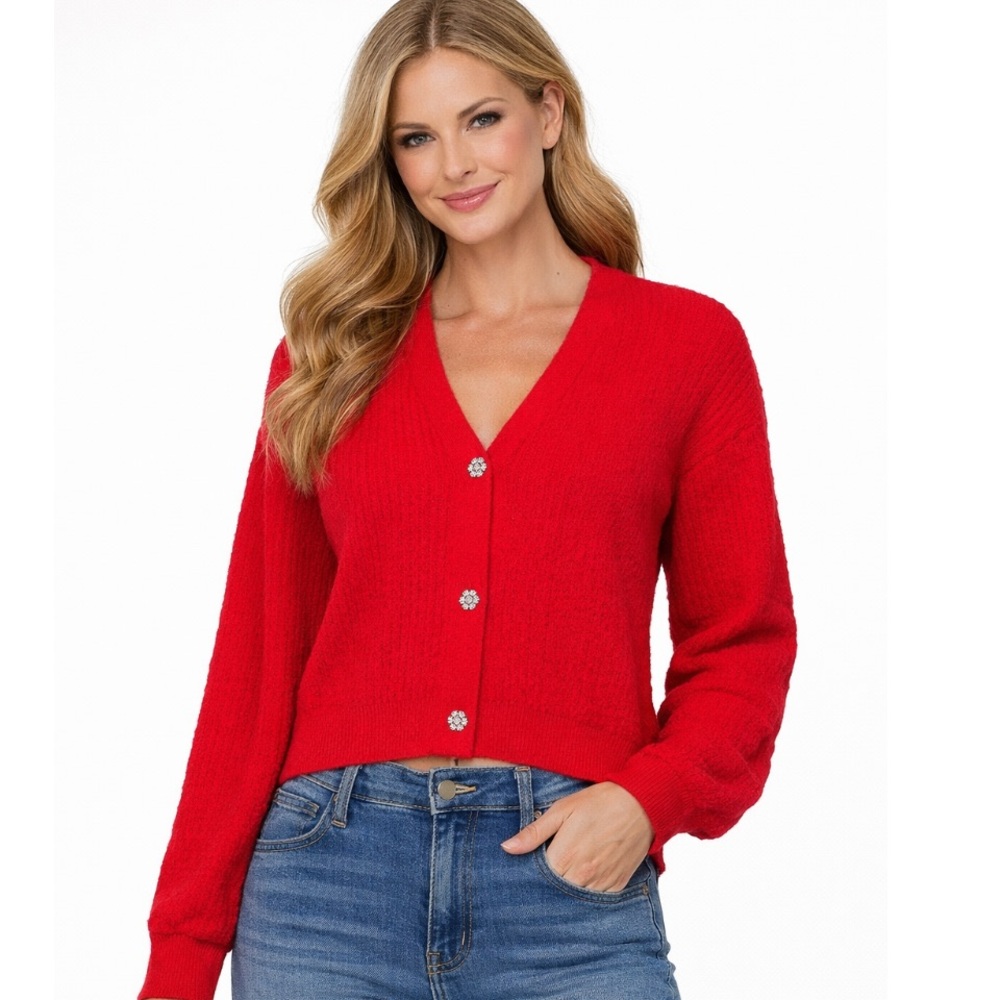 NO BOUNDARIES Red Rhinestone Button Cardigan Sweater XS